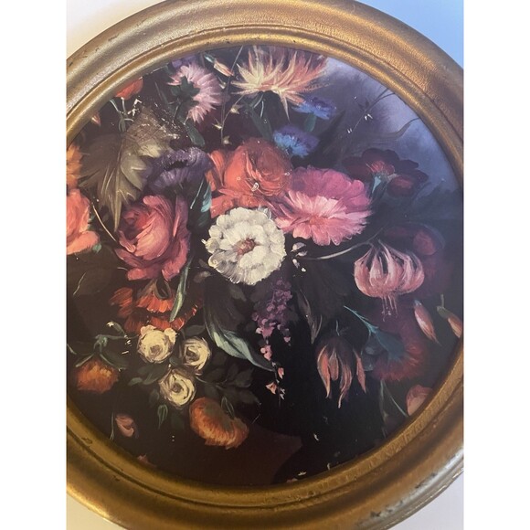 Vintage Florentine Mini Floral Round Gold Framed Wall Hanging Made In Italy 7” - Picture 6 of 6